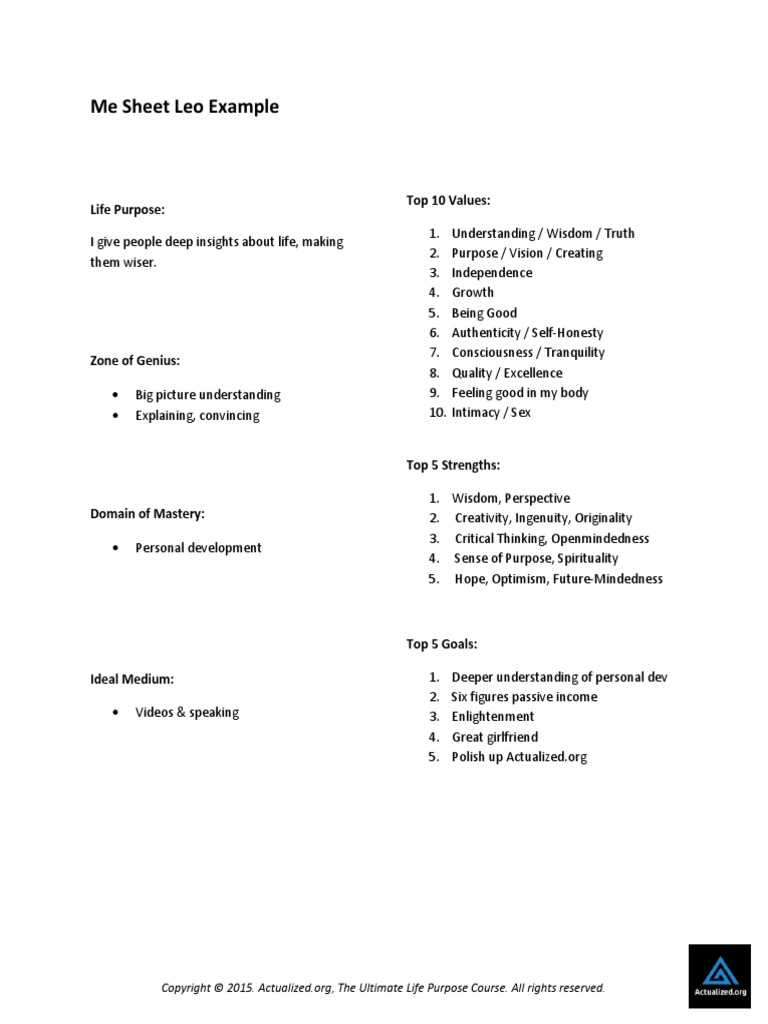 Me Sheet Leo Example: Life Purpose: Top 10 Values | PDF | Science ...
