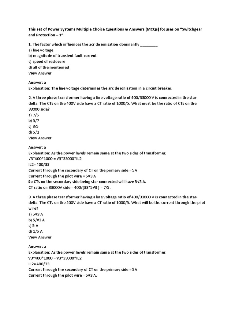 This Set of Power Systems Multiple Choice Questions & Answers (MCQS) Focuses On "Switchgear and