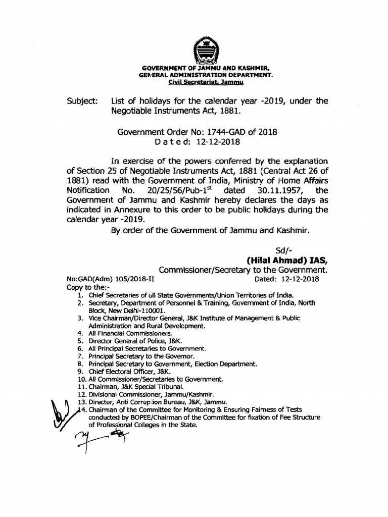 Jk Government Employee Holidays List 19 Pdf Government Of India Government