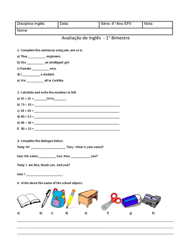 Prova de Inglês - 6° Ano - 1° Bimestre | PDF