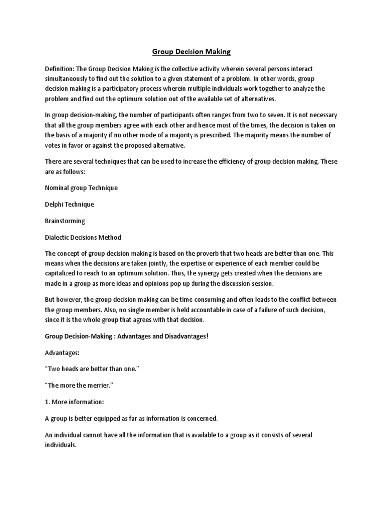 Group Decision Making: Pros and Cons | PDF | Group Decision Making ...