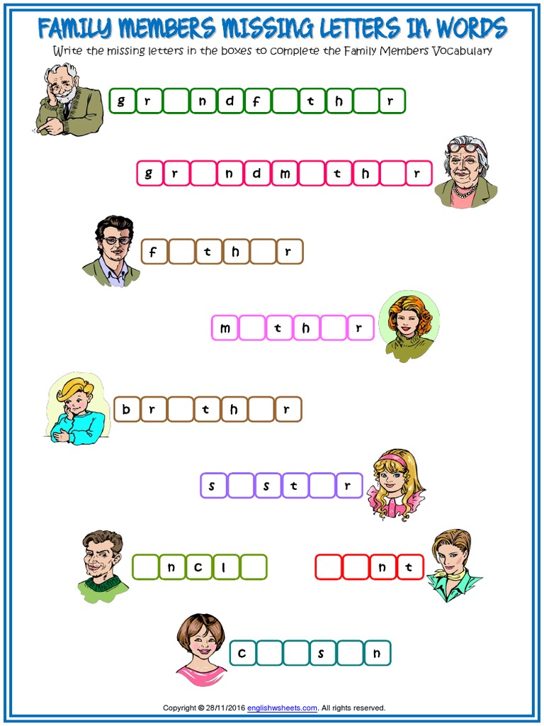 family members vocabulary missing letters in words esl worksheet pdf