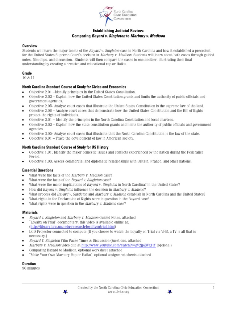 Comparing Bayard v. Singleton and Marbury v. Madison PDF Marbury V