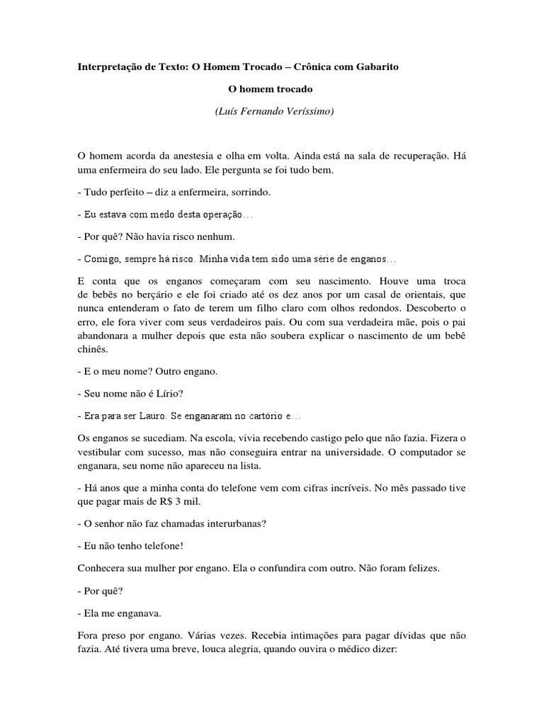 Atividade Cronica o Homem Trocado Luis Fernando Verissmo