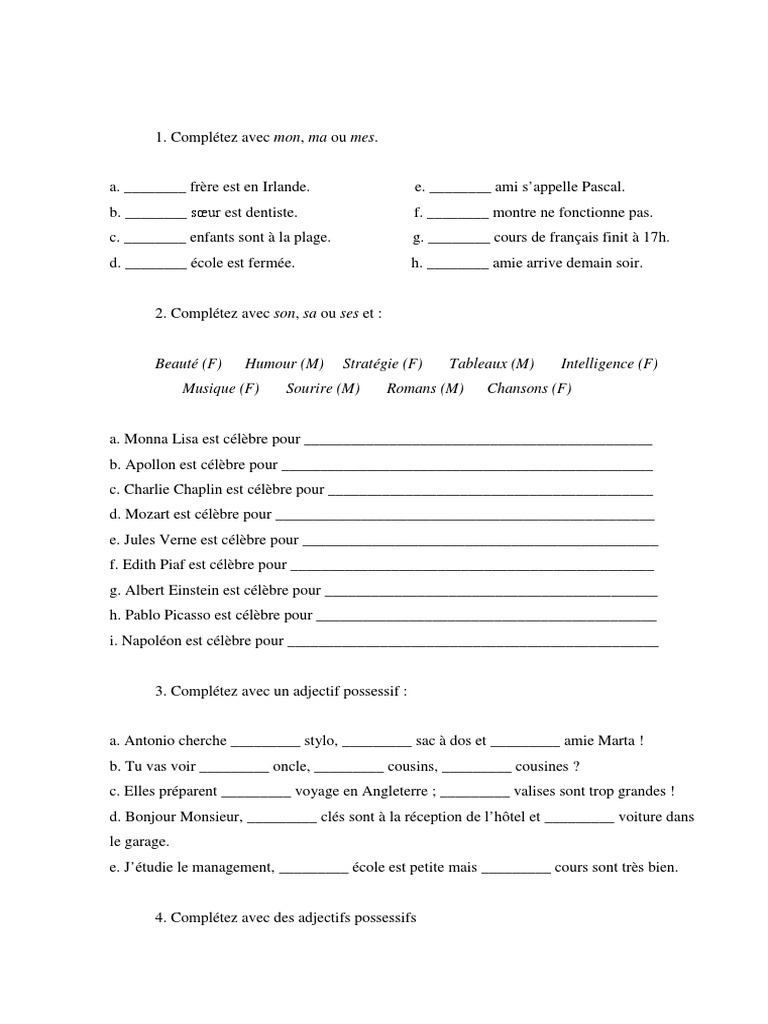 Les Adjectifs Possessifs Exercices Corrigés Exercices - Adjectif Possessif | PDF | Loisirs