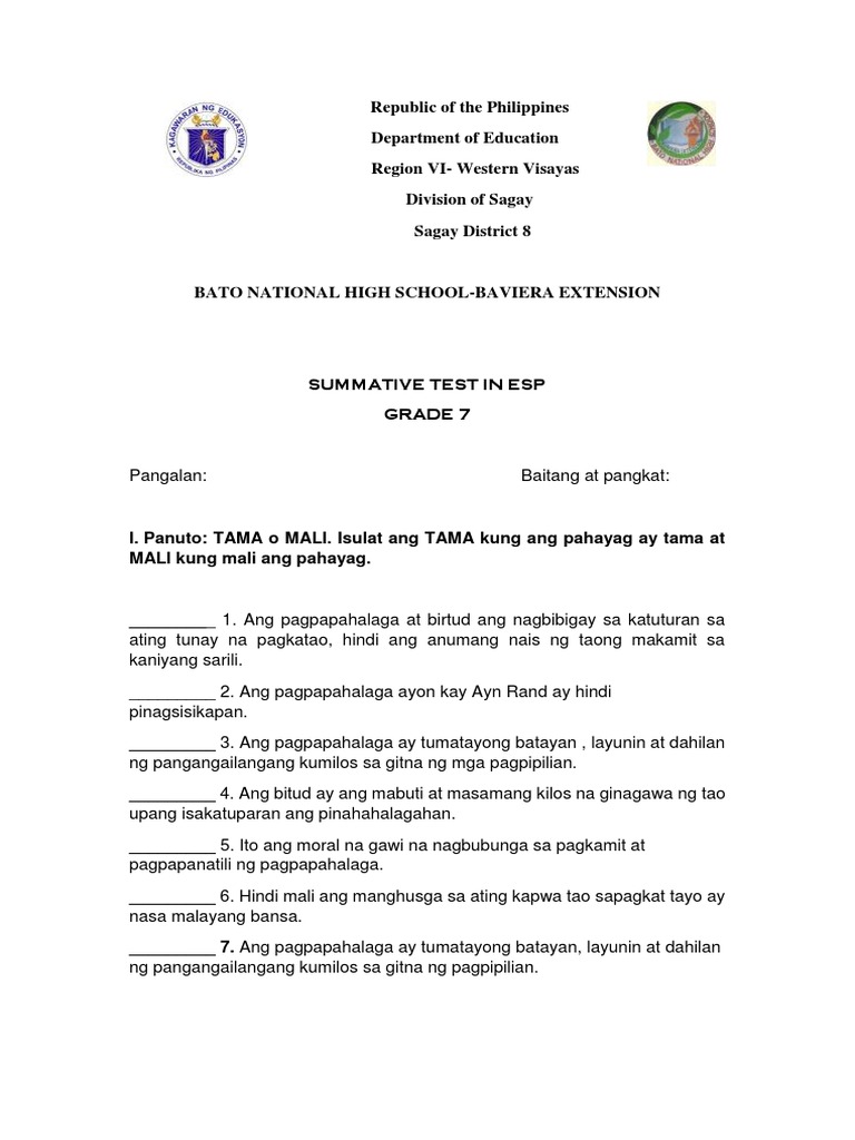 Final Summative Test ESP 7 | PDF