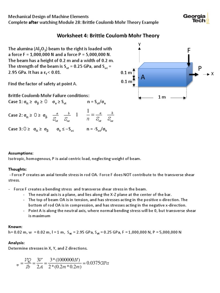 Worksheet 4 Brittle Coulomb Mohr Theory VQ Ib Bending Beam