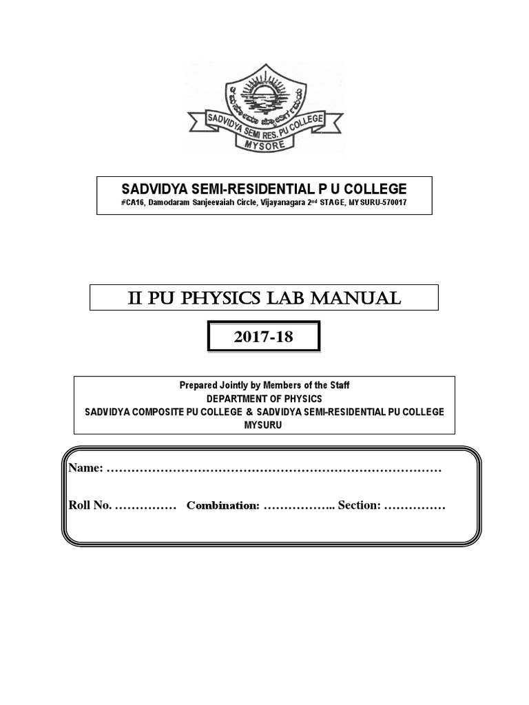 Ii Pu Physics Lab Manual: Sadvidya Semi-Residential P U College | PDF ...