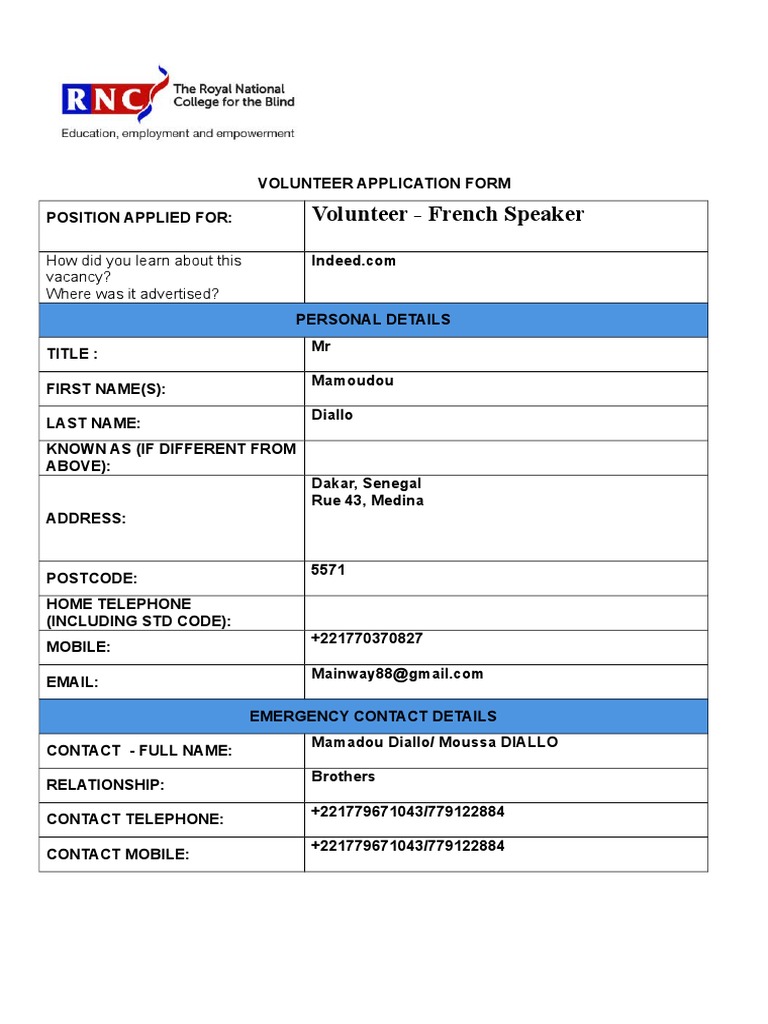 Volunteer Application: French Speaker | PDF | Race And Ethnicity In The ...
