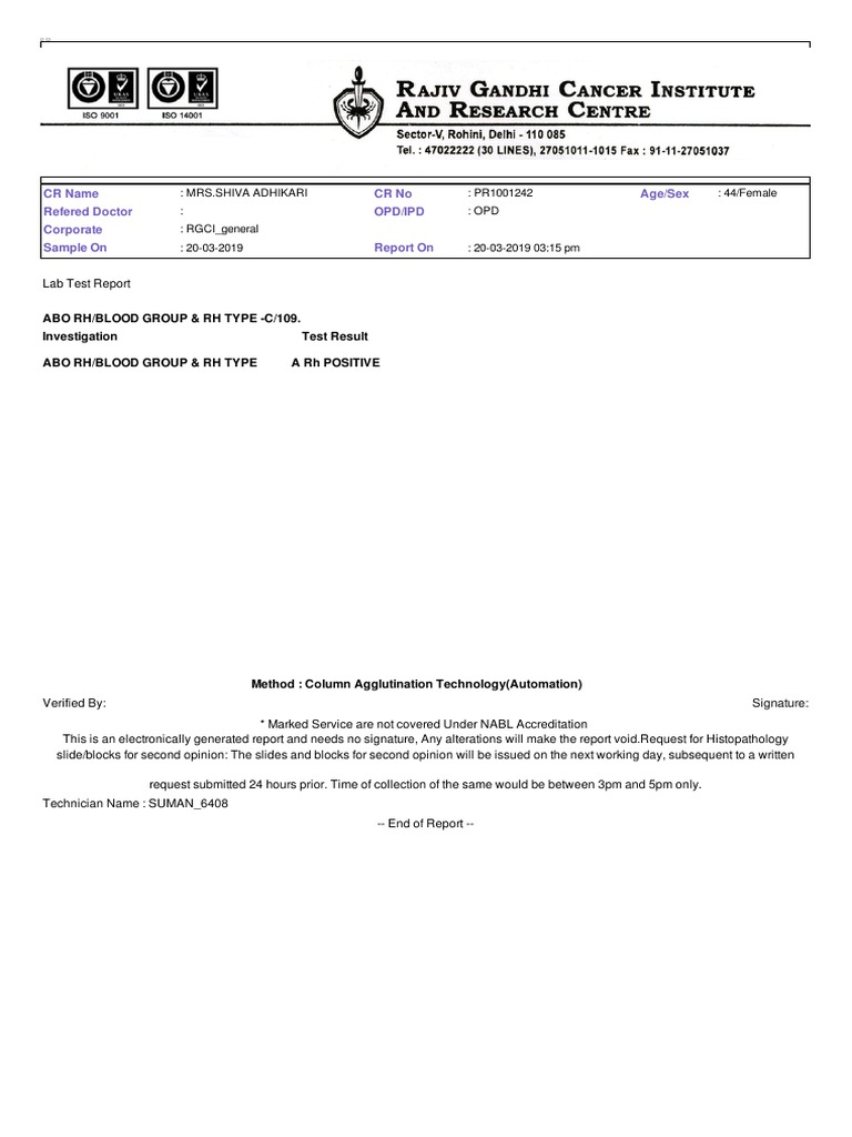 Blood Group Test Report - A Rh Positive | PDF