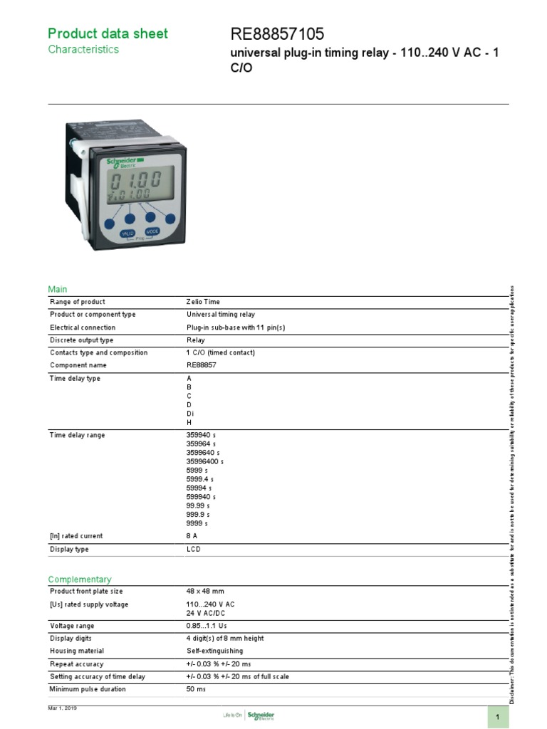 Zelio Timer Relays RE88857105 PDF Relay Alternating Current