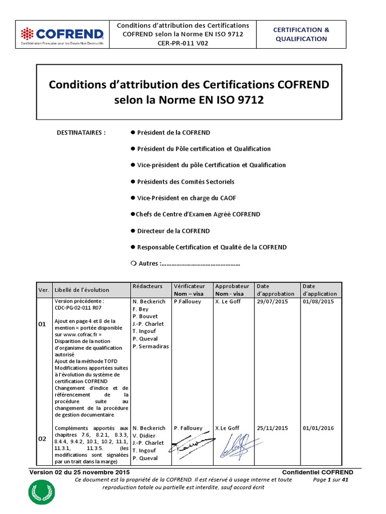 Conditions de Certification COFREND EN ISO 9712 | PDF | Contrôle non ...