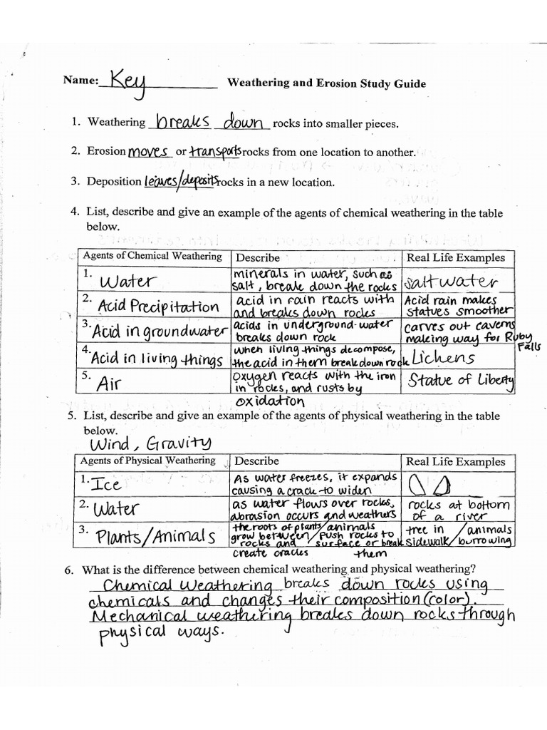 Weathering And Erosion Study Guide Answer Key
