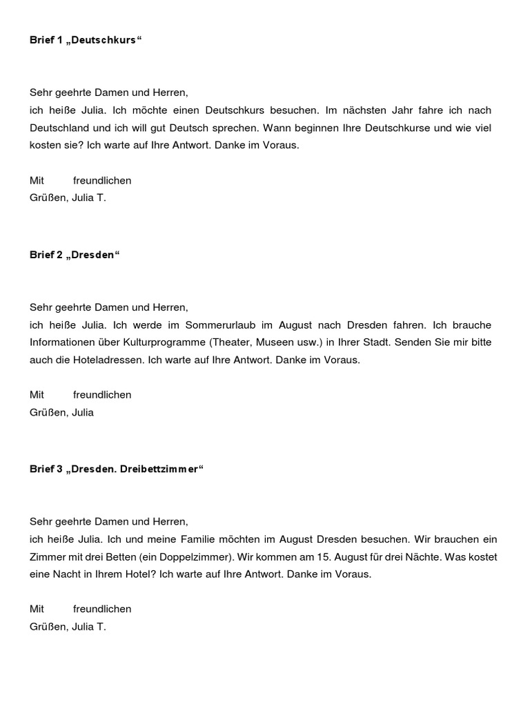 Briefe Auf Deutsch Fur Die Sprachstufe A1 Docx