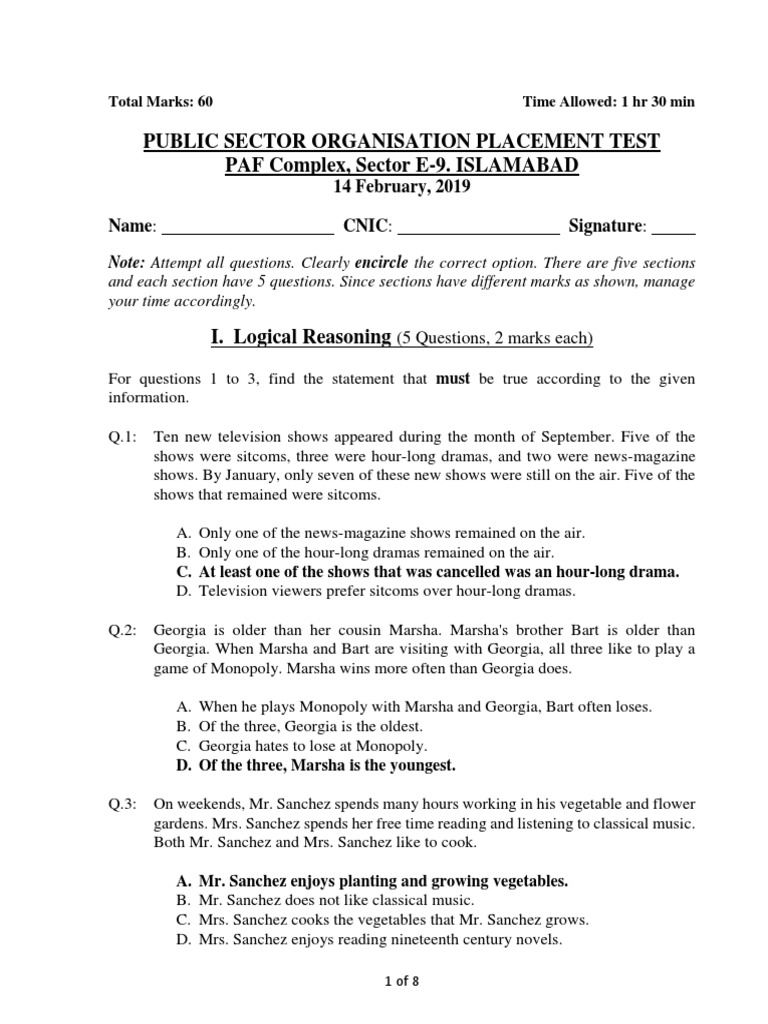 Public Sector Placement Test | PDF | Time Complexity | Algorithms