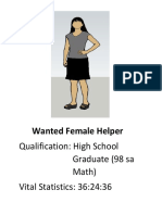 Wanted Female Helper: Qualification: High School Graduate (98 Sa Math) Vital Statistics: 36:24:36