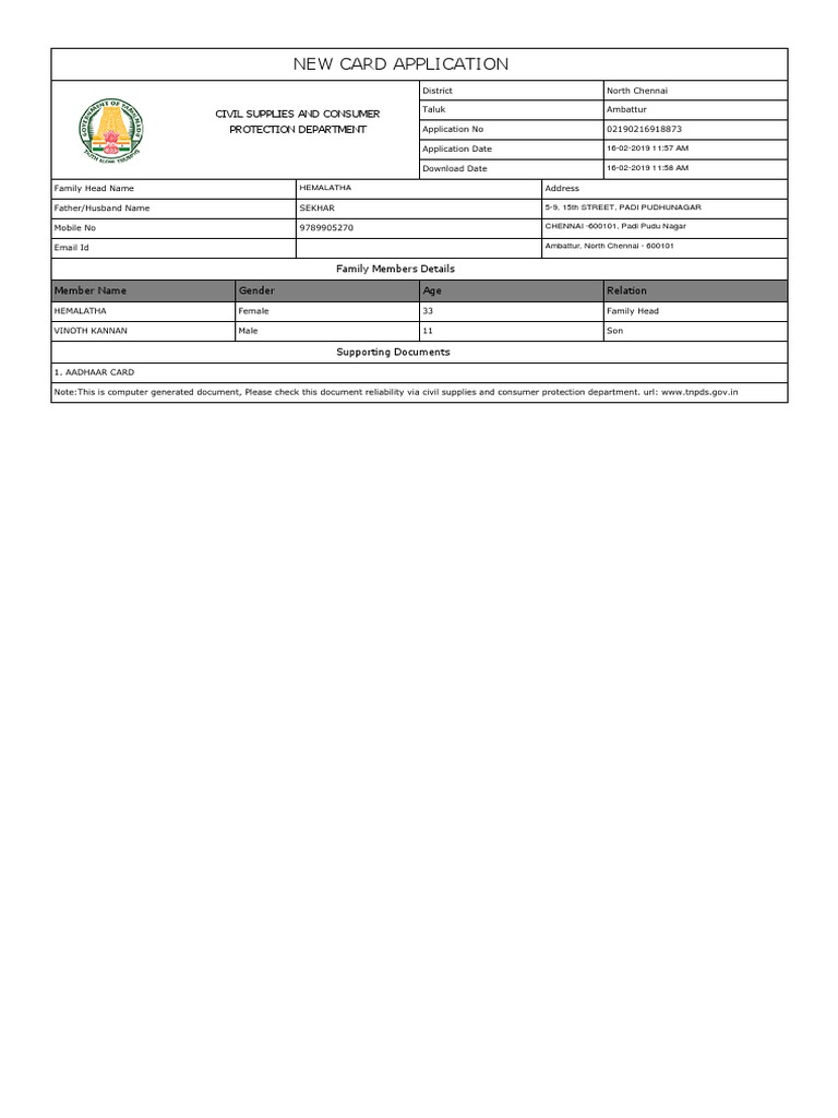 New Card Application - North Chennai | PDF