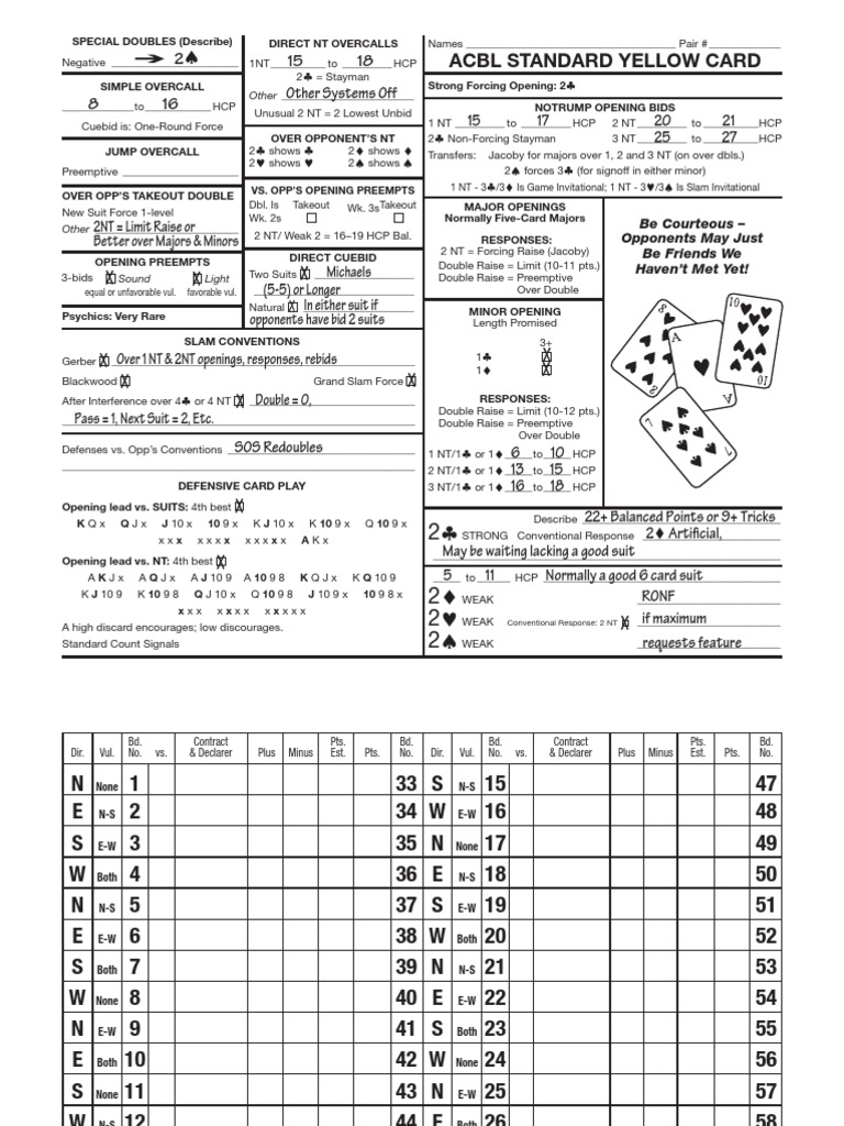 Acbl Standard Yellow Card Other Download Free PDF Trick Taking