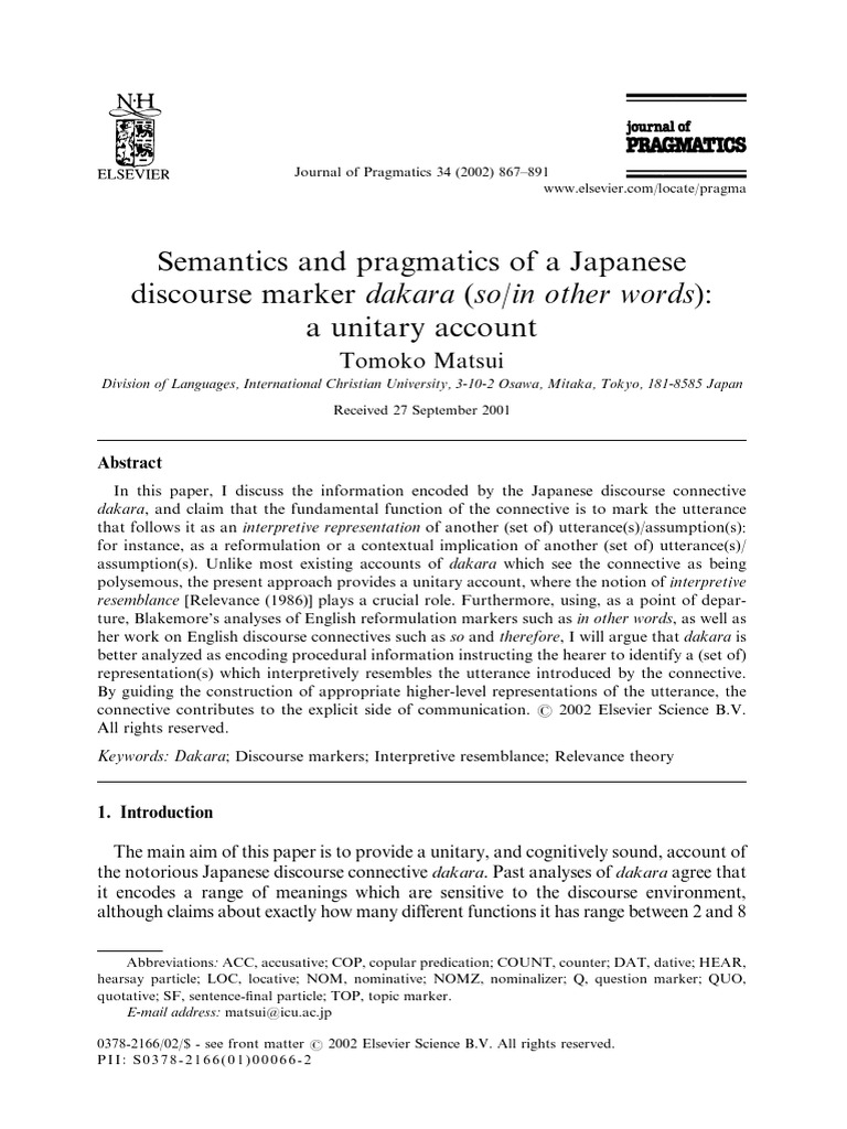 Semantics and Pragmatics of A Japanese Discourse Marker Dakara (So/in ...
