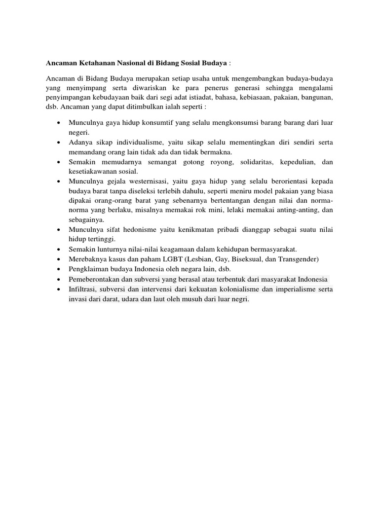 Ancaman Ketahanan Nasional Di Bidang Sosial Budaya