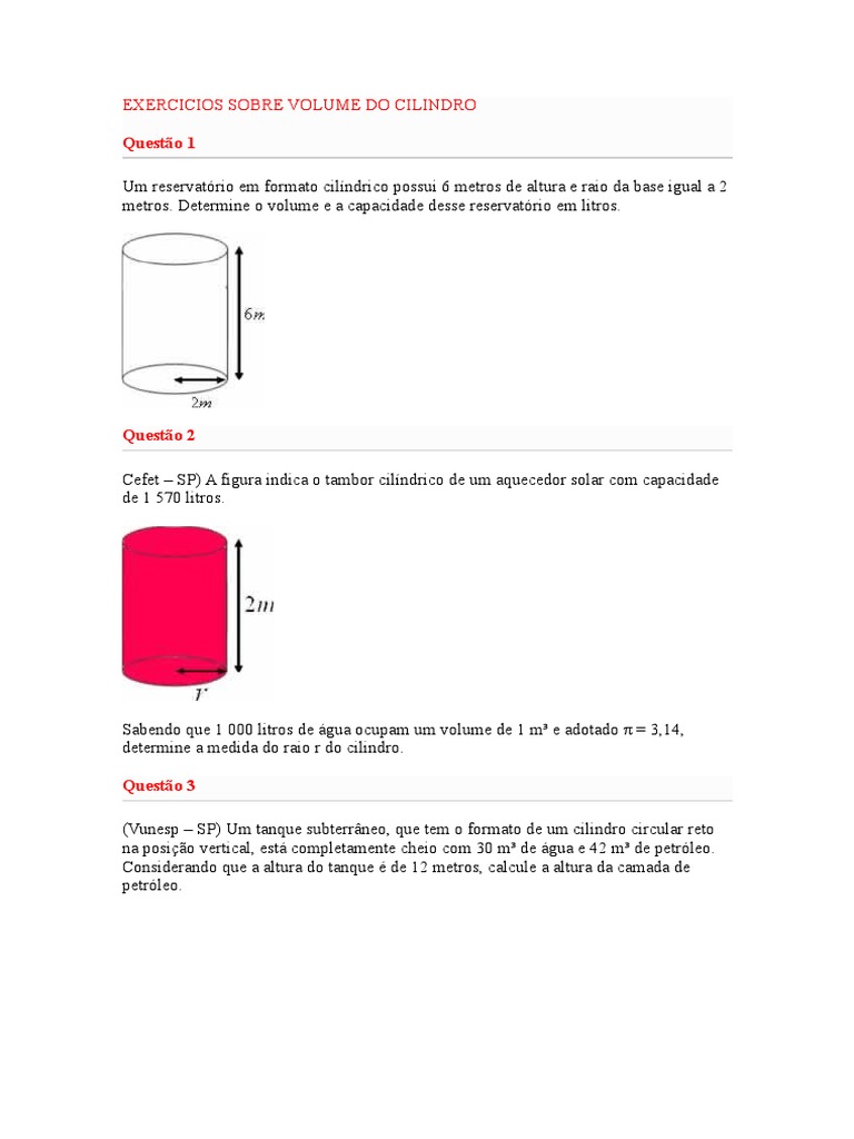 Exercicios Sobre Volume Do Cilindro | PDF