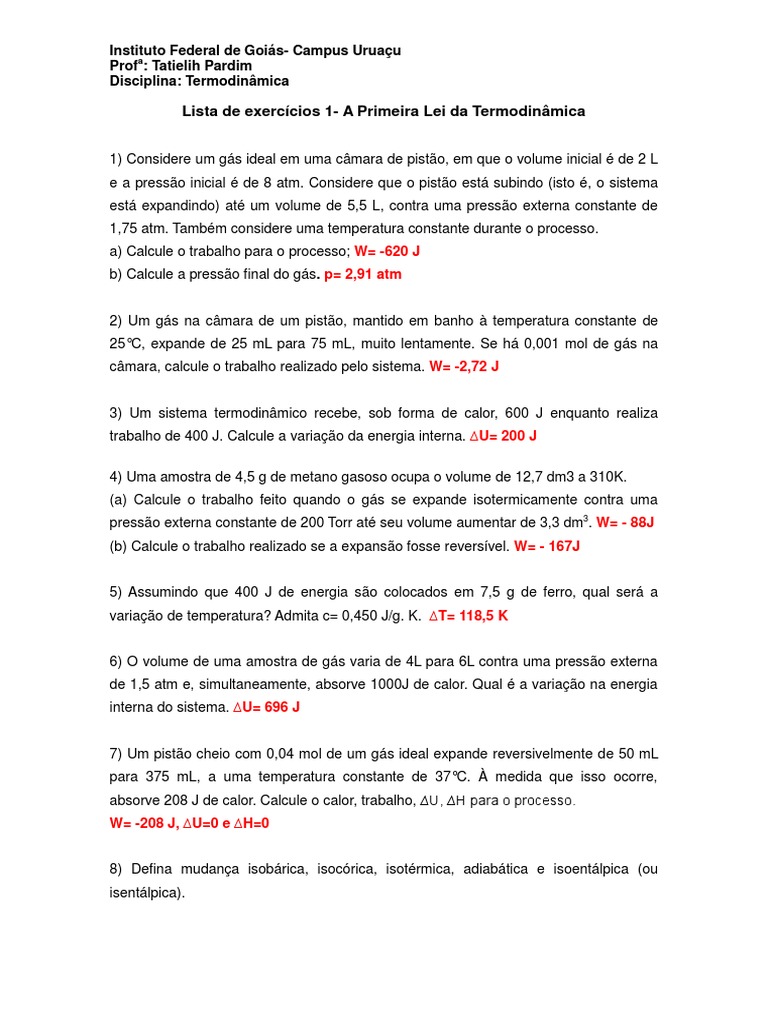 Exercícios sobre a Primeira Lei da Termodinâmica | PDF | Termodinâmica ...