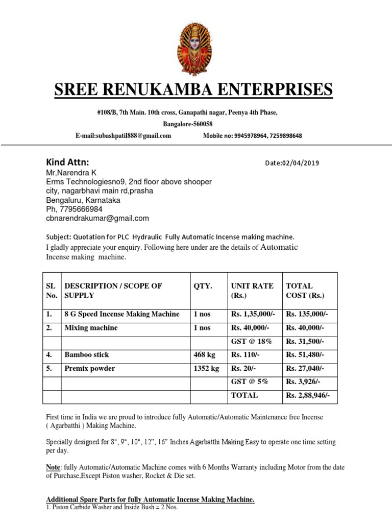 01 Machine Quotation New 1554191822390 | PDF | Screw | Business