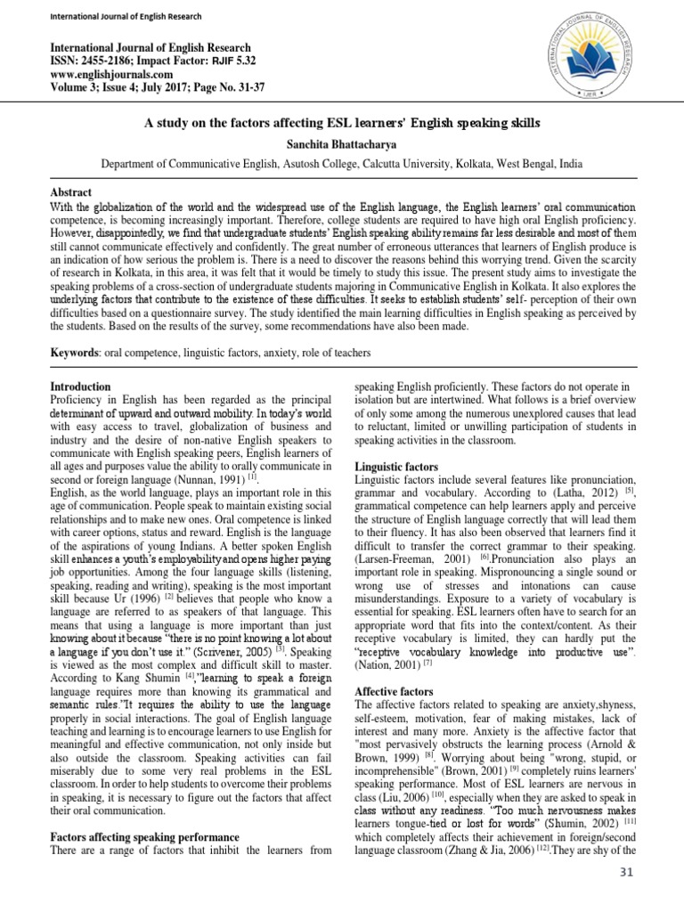 Factors Influencing ESL Speaking Skills | PDF | English As A Second Or ...