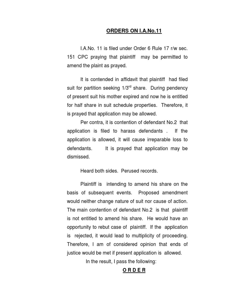 Order Permitting Plaintiff to Amend Plaint and CrossExamine Defense