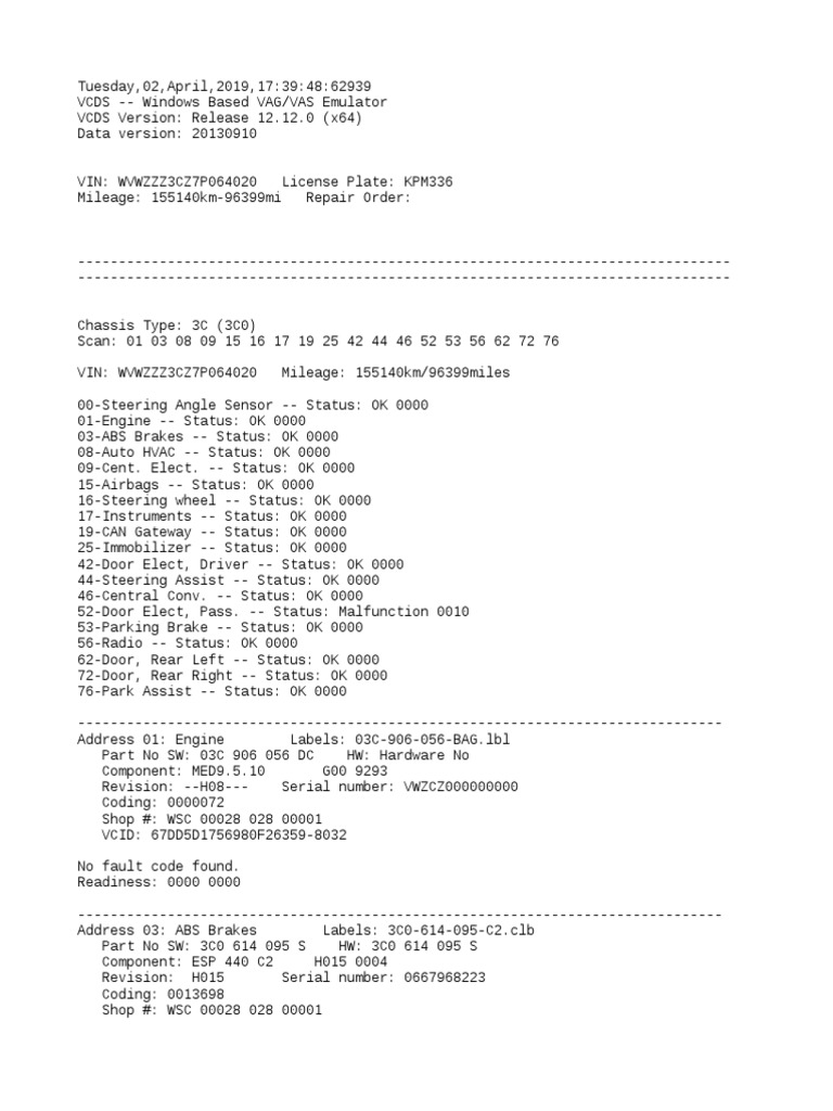 VCDS Scan of 2015 Volkswagen Golf with Multiple Door Lock Fault Codes