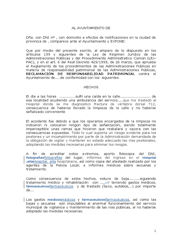 Plantilla Modelo de Reclamacion de Responsabilidad Patrimonial | PDF |  Causalidad (Ley) | Gobierno