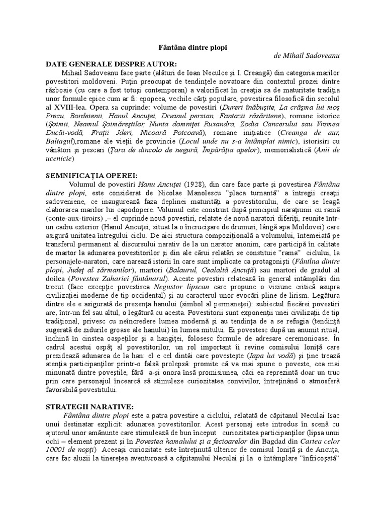 Fantana Dintre Plopi Mihail Sadoveanu Rezumat Fântâna Dintre Plopi, Temă Şi Viziune Într-O Operă de M. Sadoveanu