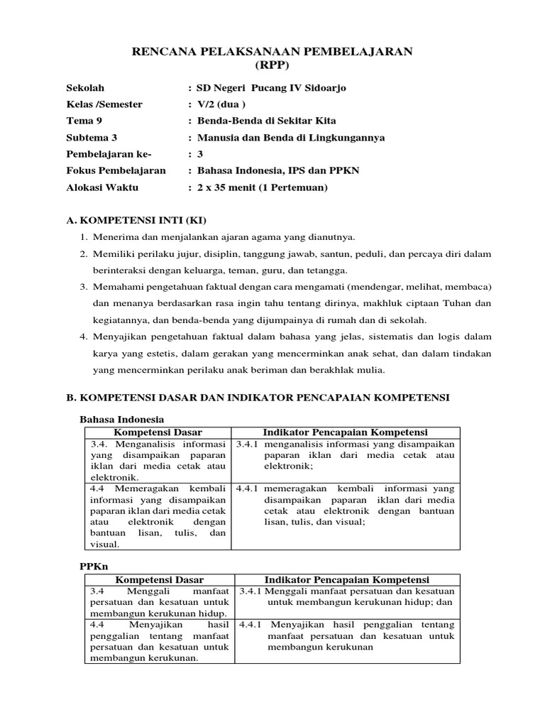 4 Rpp Kelas 5 Tema 9 Subtema 3 Pembelajaran 3 Docx