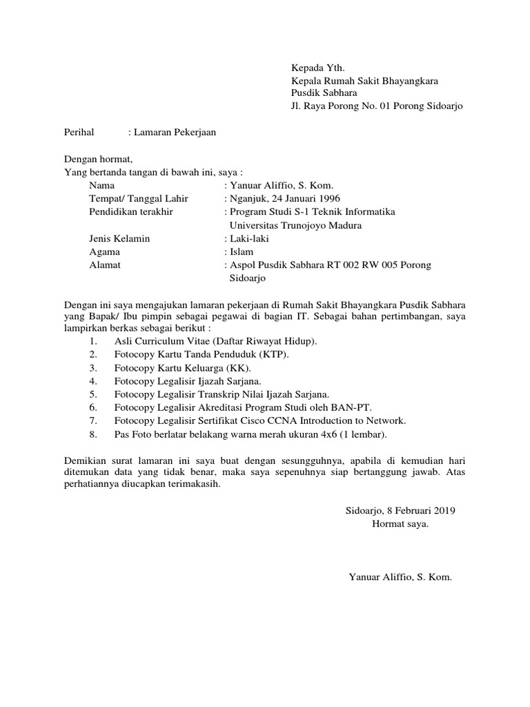 Surat Lamaran Rs Bhayangkara Porong Contoh