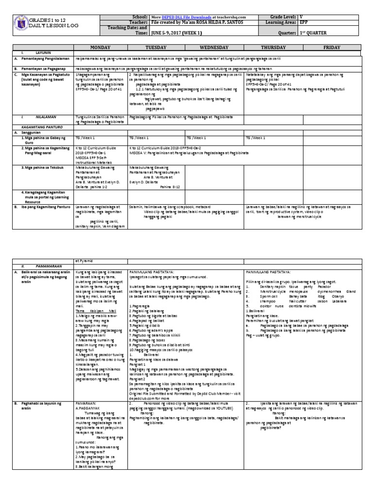 Grade 5 DLL Epp 5 q1 Week 1 | PDF