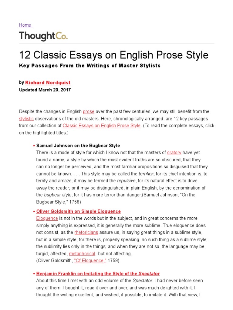 Classic Essays on English Prose Style | PDF | Rhetoric | Essays