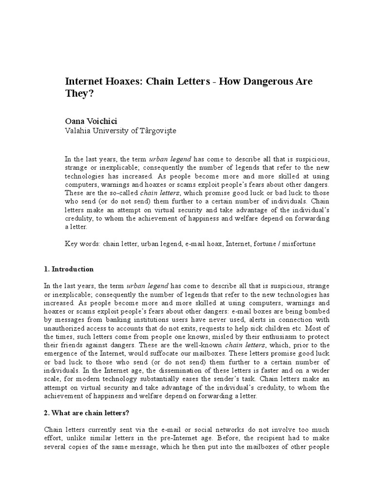 Hoaxes Chain Letters How Dangerous Are They? PDF Luck