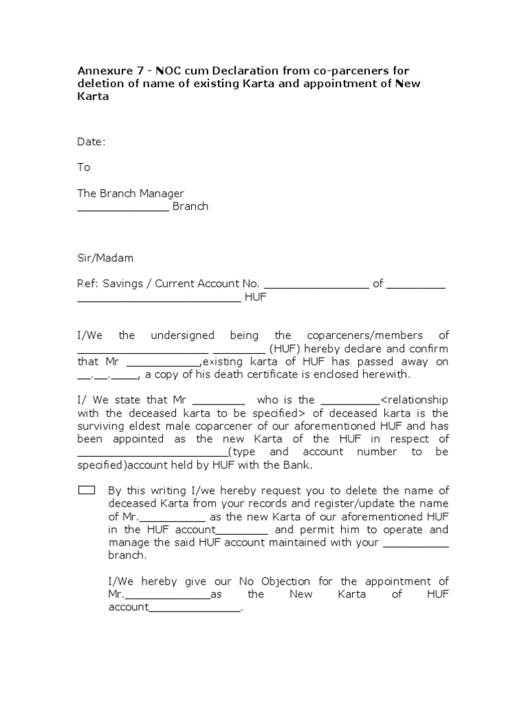Noc Cum Declaration From Co Parceners For Deletion Of Name Of Deceased Karta Pdf