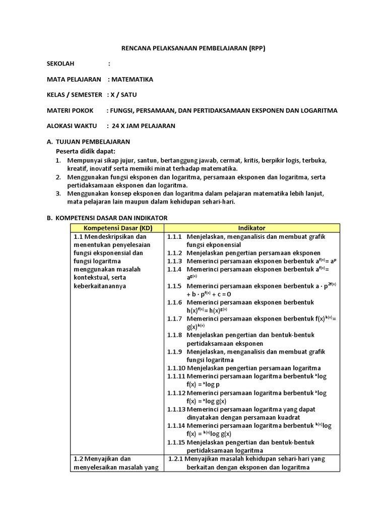 Rpp Mat Minat Kelas X Bab 1 Fungsi Persamaan Dan Pertidaksamaan Ekponensial Dan Logaritma Pdf