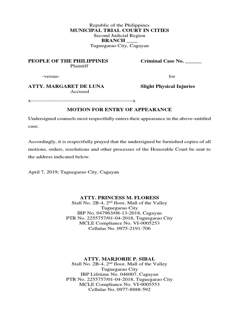 Motion for Entry of Appearance in Court | PDF