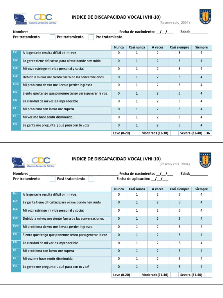 Índice de Discapacidad Vocal VHI-10 | PDF | Salud y bienestar | Medicina