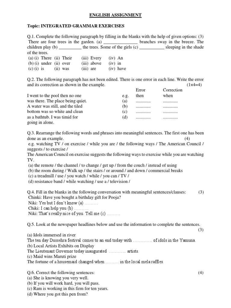 Class 11 English Integrated Grammar Exercises With Answers