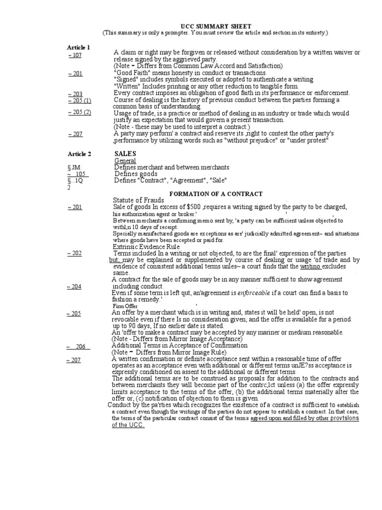 Defines Goods Ucc Summary Sheet PDF Implied Warranty Breach Of