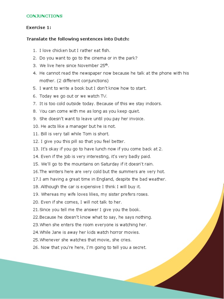 Dutch Conjunctions Exercises and Translations | PDF