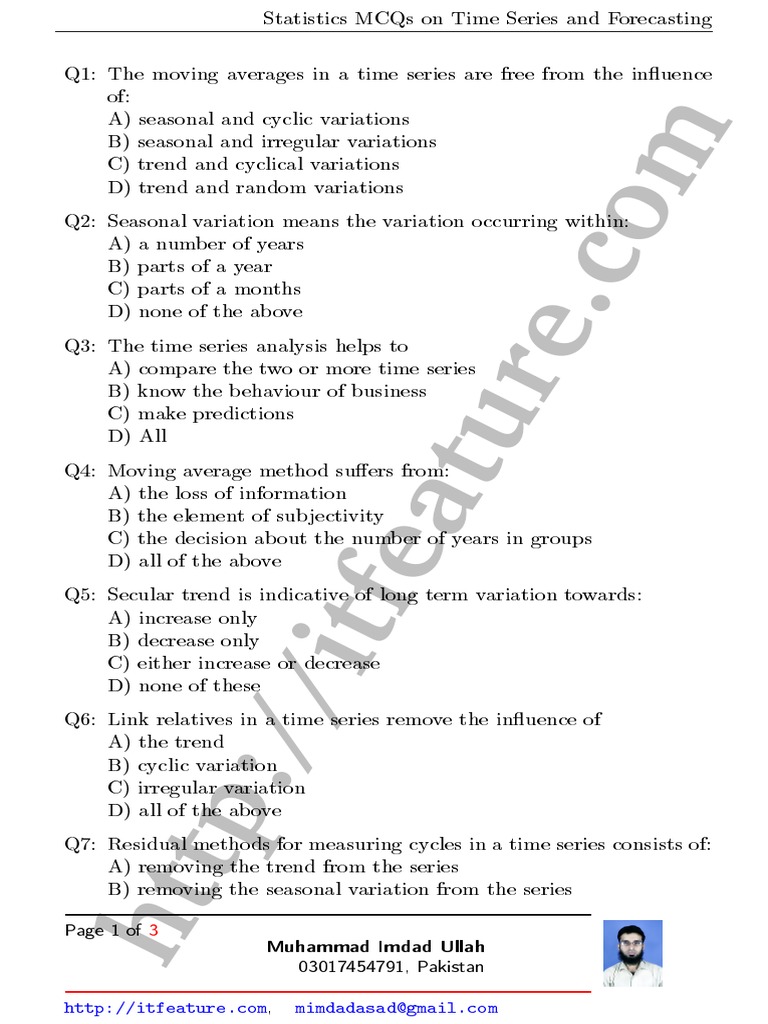 Mcqs Time Series 2 PDF Seasonality Time Series