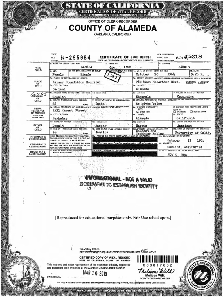 1964 10 20 kamala devi harris birth cert mother goplan shyamala indian