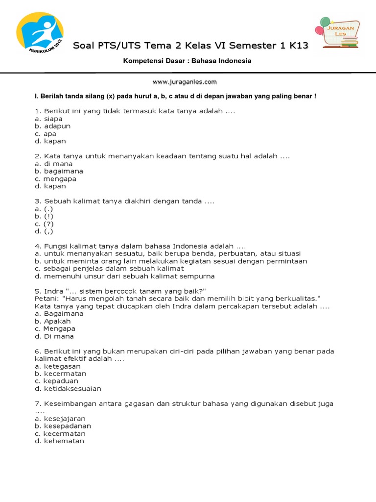 Soal UTS PTS K13 Tema 2 Kelas 6 Semester 1 Bahasa Indonesia PDF