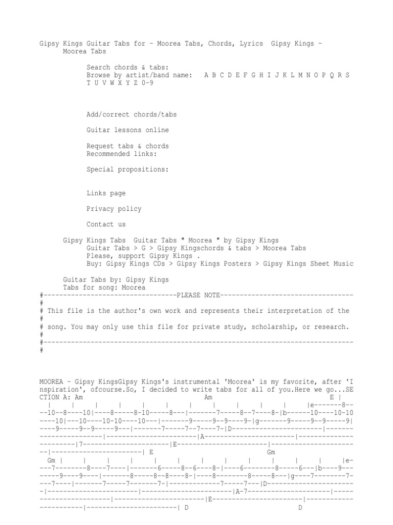 Gipsy Kings Guitar Tabs For Moorea Tabs Chords Lyrics Pdf Musicology Musical Compositions