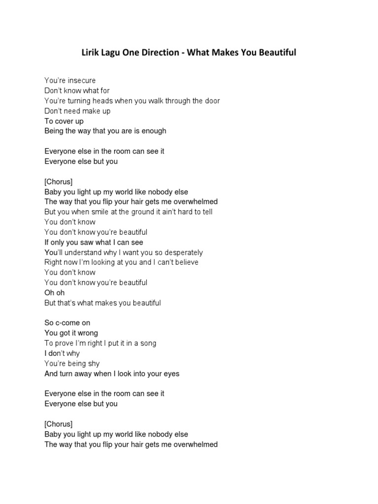 Lirik lagu one direction what makes you beautiful pdf