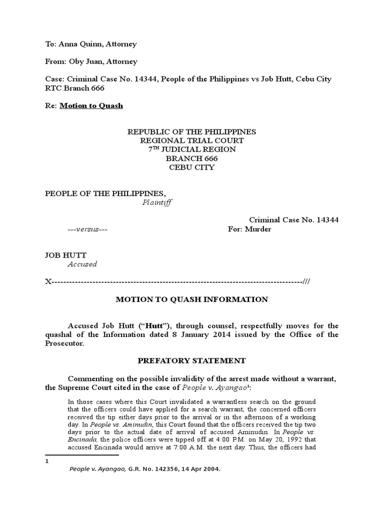 Motion To Quash | PDF | Search And Seizure | Search Warrant